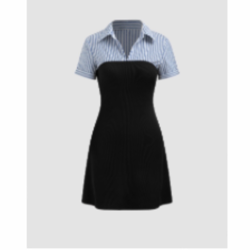 Cider - Cotton-blend Collar Striped Short Sleeve Mini Dress